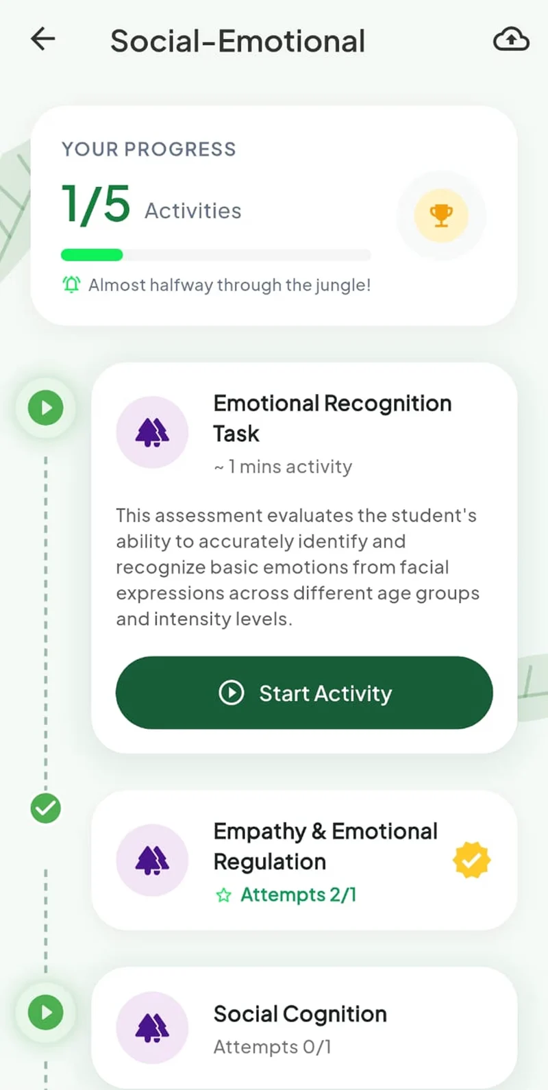 The Social-Emotional activity path showing progress at one of five activities and an Emotional Recognition task
