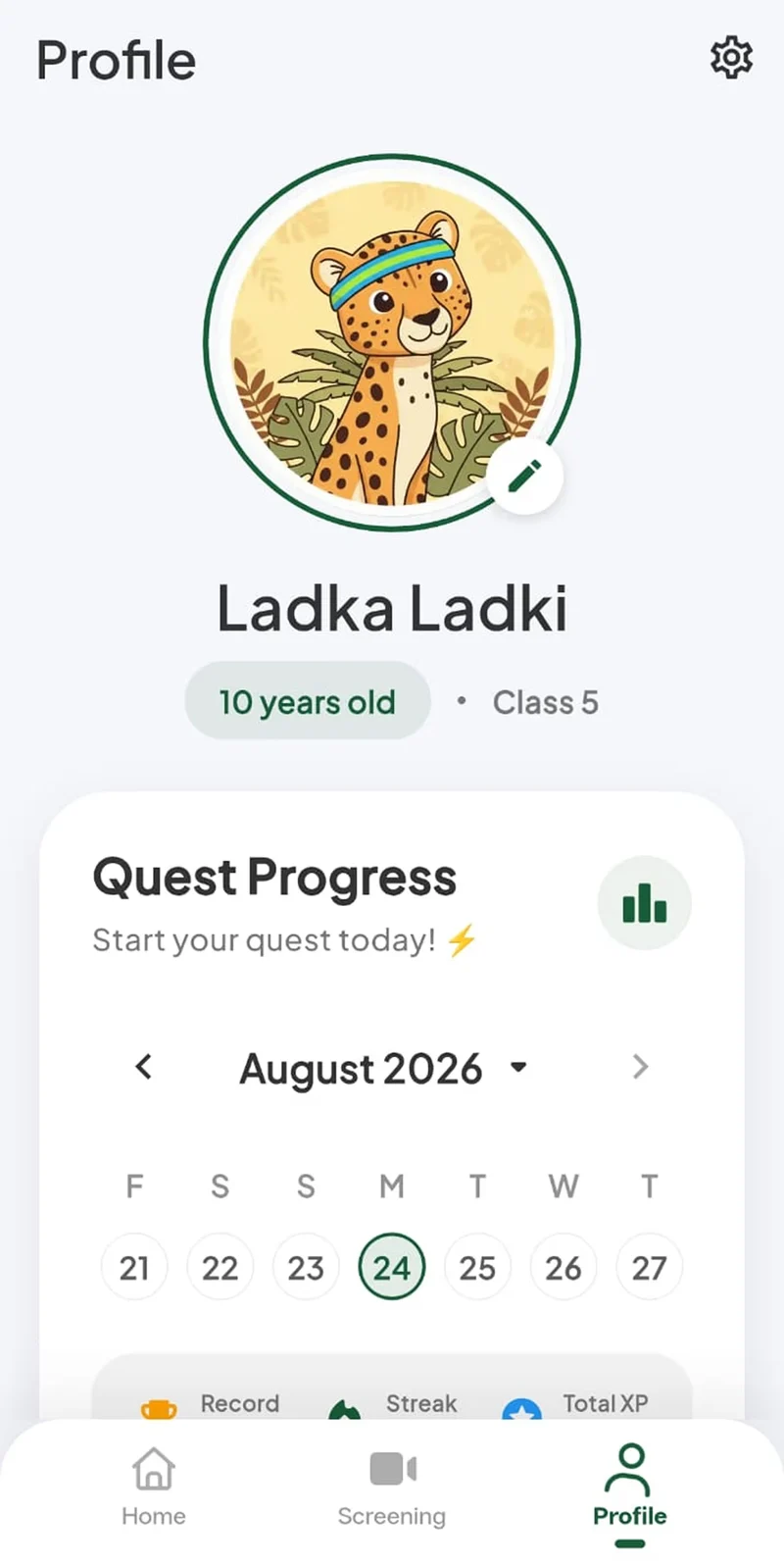 The FitQuest profile screen with a Quest Progress calendar, day streak and total XP