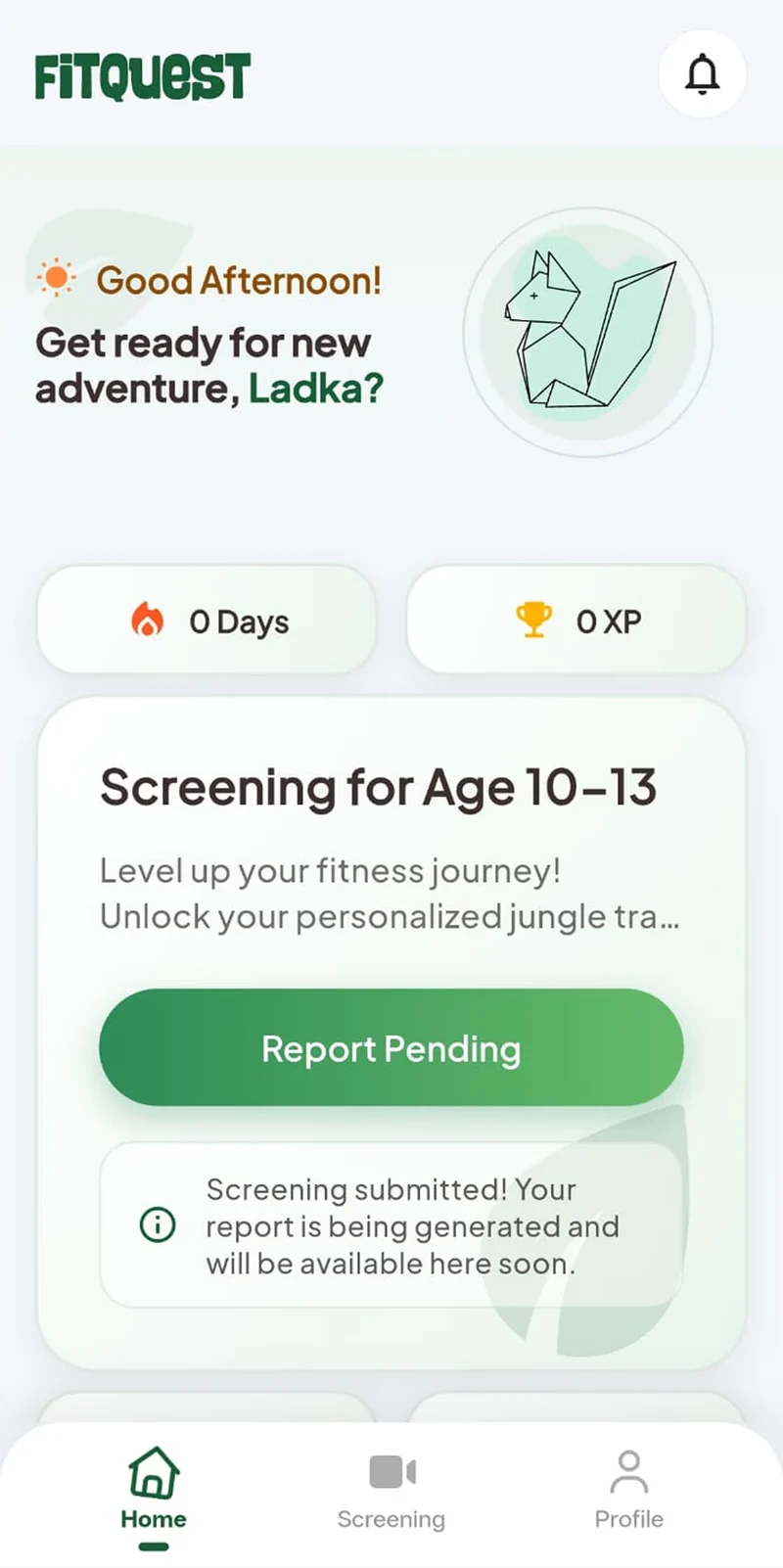 The FitQuest home screen showing a Screening for Age 10-13 card with the report marked pending after submission