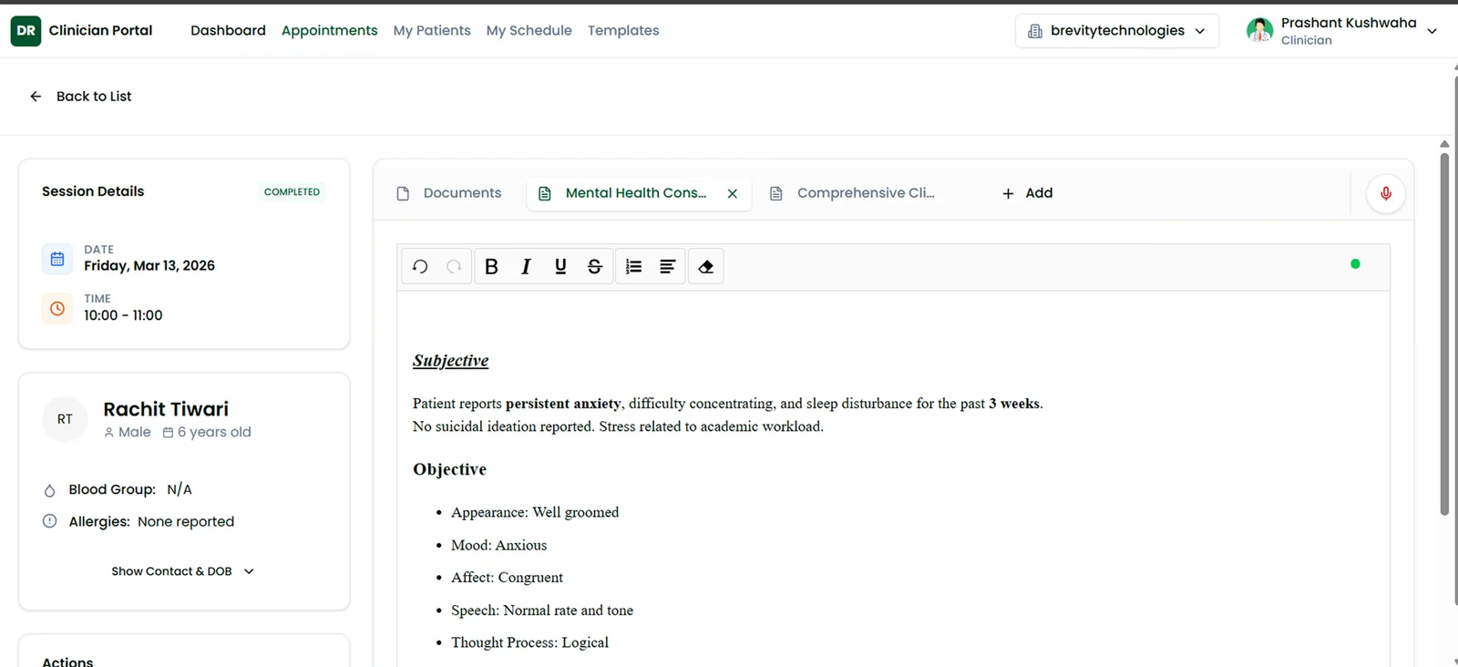 Clinician Portal session view: patient summary on the left, a note editor with template tabs and a dictation control on the right