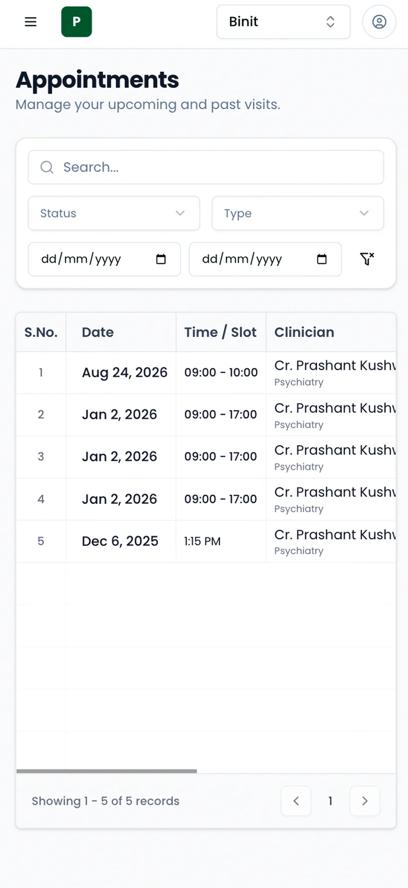 Patient Portal on a phone: the same appointments list with search and status filters
