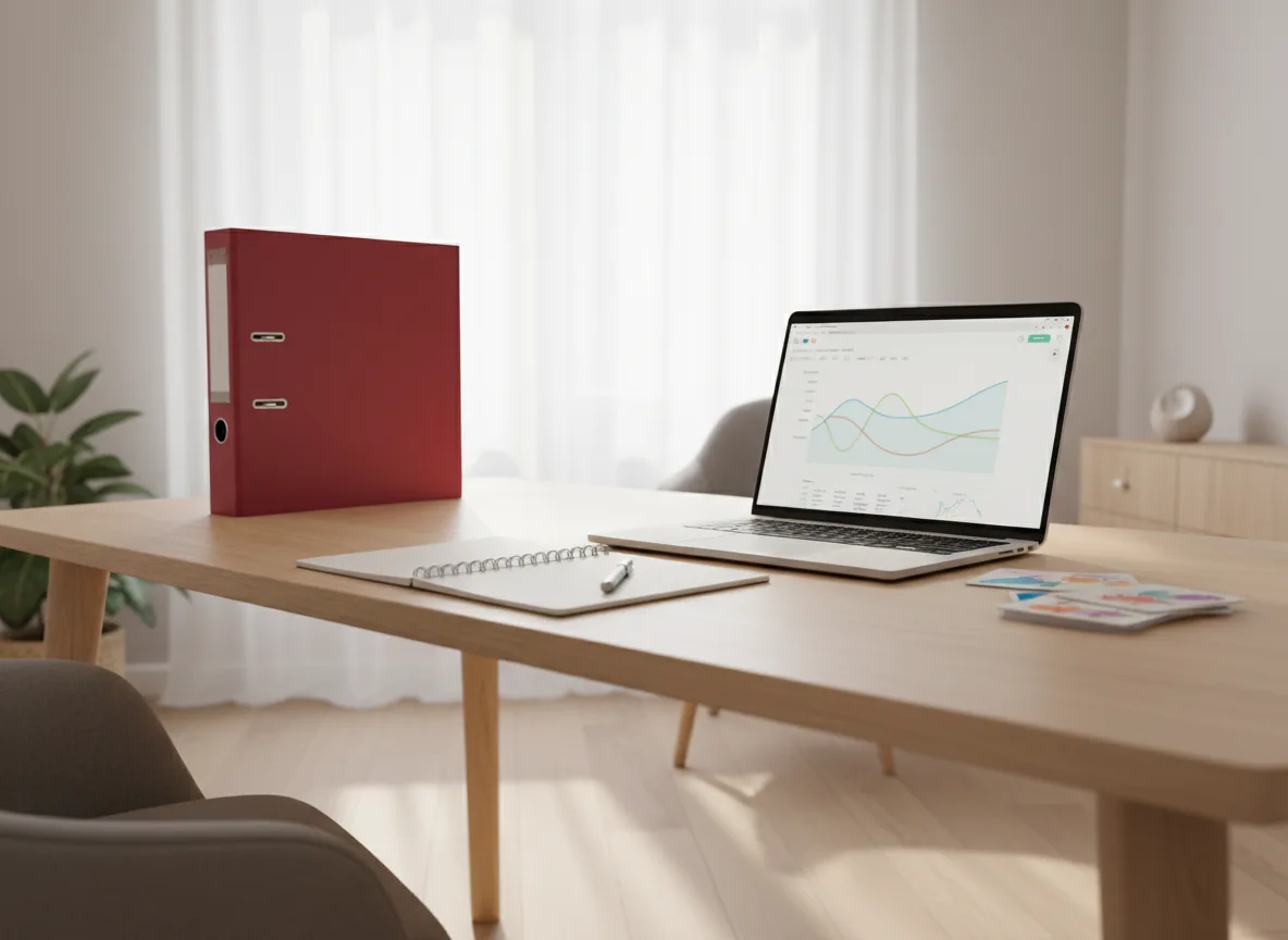 A clinician's desk with a laptop showing an anonymised developmental data dashboard