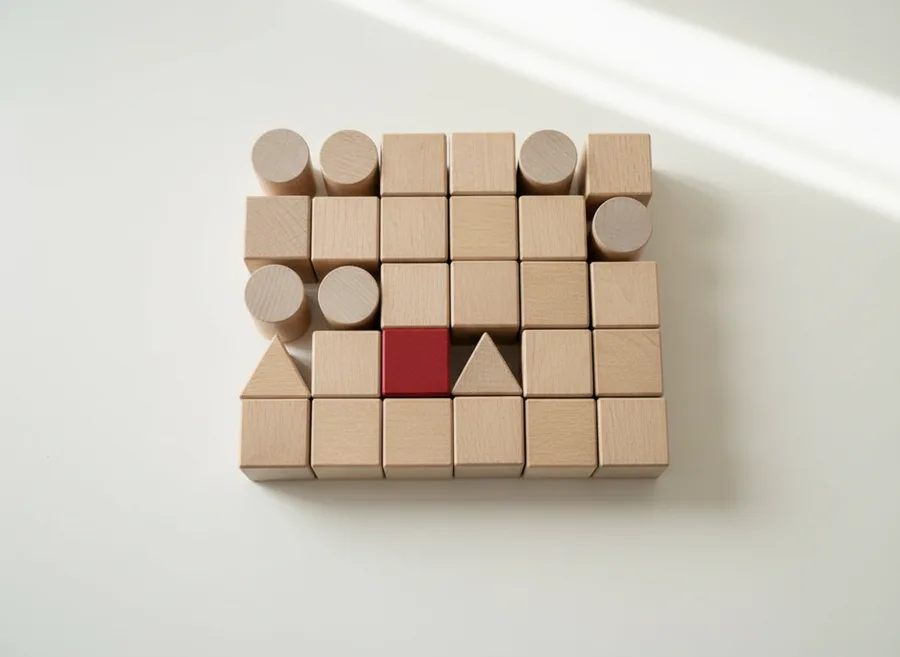Wooden developmental assessment blocks arranged in a grid, one marked in red