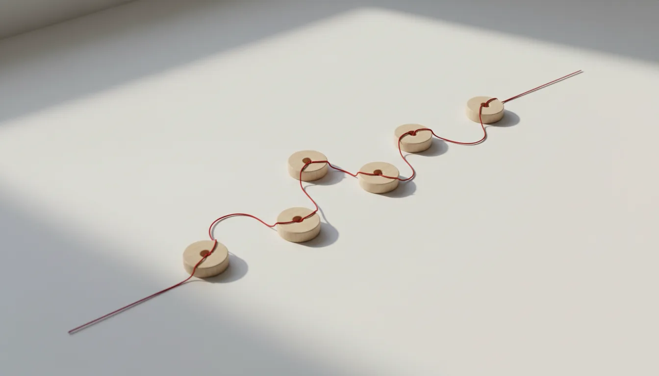 A single unbroken red thread running through a line of wooden markers