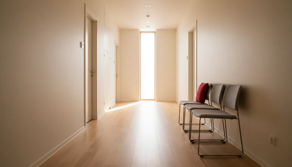 A calm, daylit pediatric outpatient clinic corridor