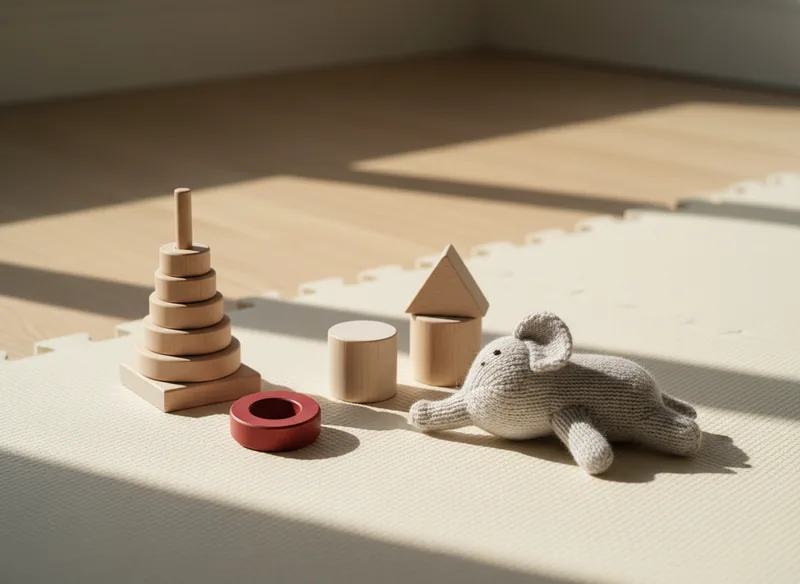 Wooden stacking rings and a knitted soft toy on a play mat in afternoon light