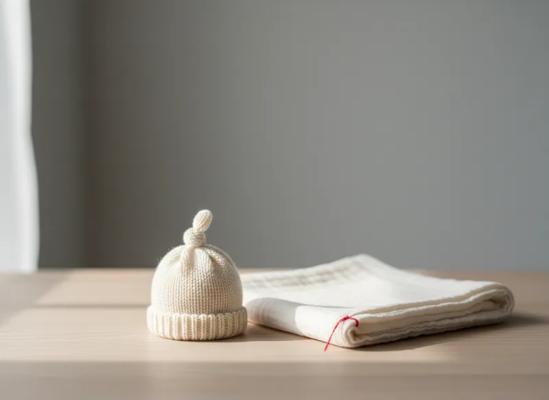 A small knitted infant hat beside a folded muslin blanket in soft morning light