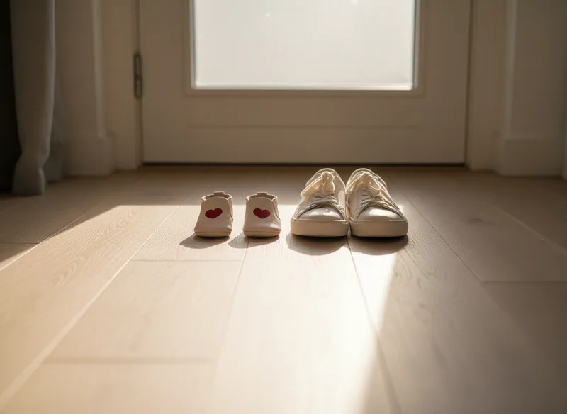 A child's shoes placed beside adult shoes in a sunlit doorway