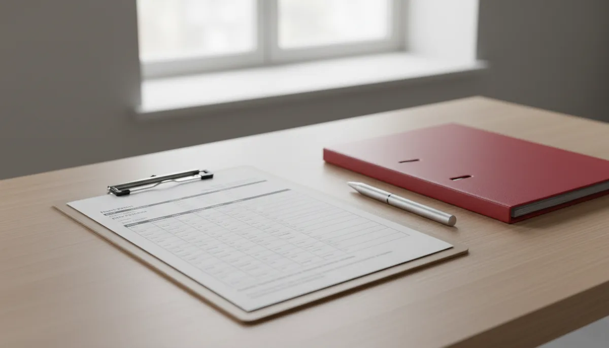 A study protocol on a clipboard beside a red document folder
