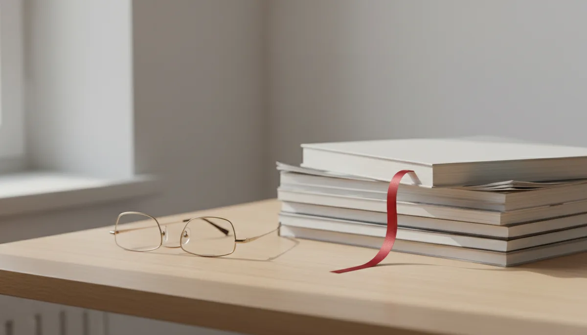 A stack of academic journals and manuscripts with a red bookmark ribbon